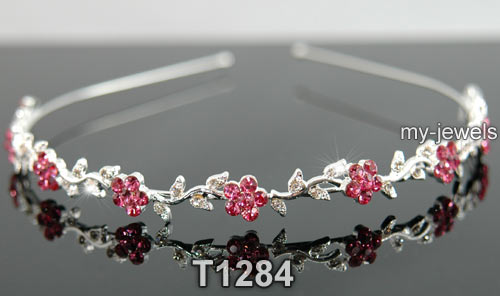 Bridal Wedding Flower Pink Crystal Headband Tiara T1284  