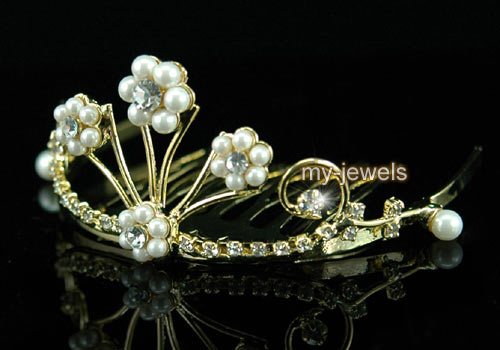 Flower Girl Faux Pearl Gold Plate Mini Tiara Comb T1304  