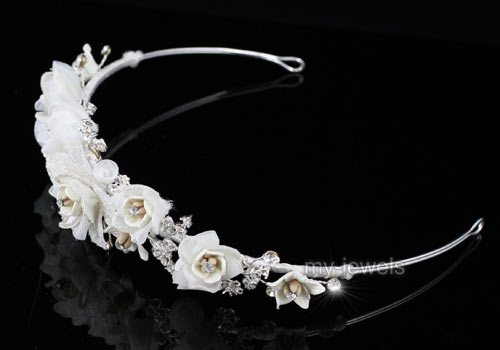 Wedding Bridal Ivory Flower Satin Handmade Tiara T1336  