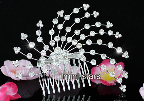 Wedding Flower Crystal Silver Plated Hair Comb T1342  