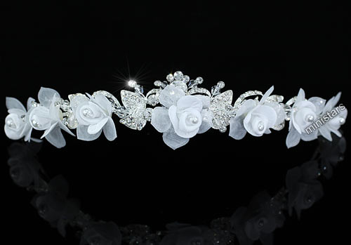 Bridal Handmade White Fabric Crystal Rose Headband Tiara T1469  