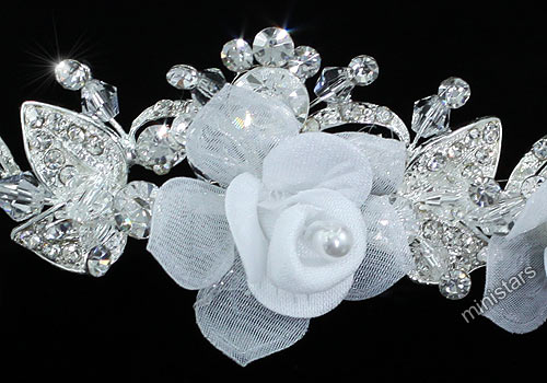 Bridal Handmade White Fabric Crystal Rose Headband Tiara T1469  